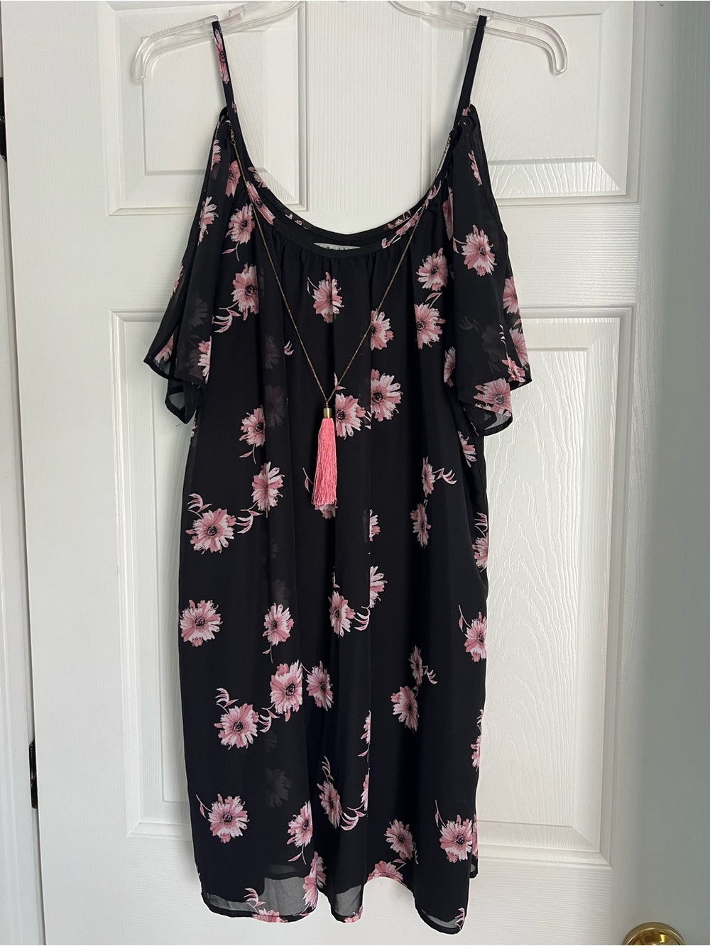 Bailey Blue Black Pink Floral Sheer Dress with Tassel Necklace L
